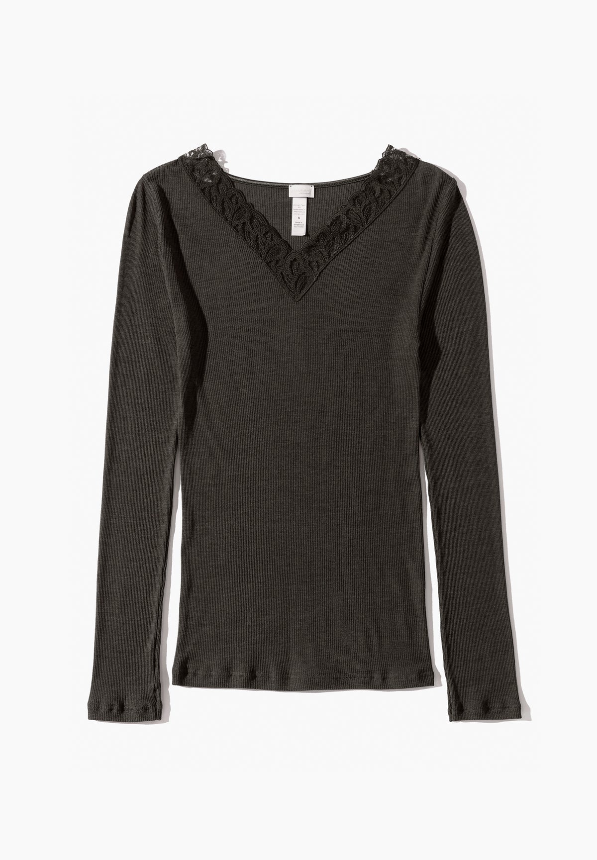 Wool & Silk | T-Shirt Long Sleeve V-Neck - black olive