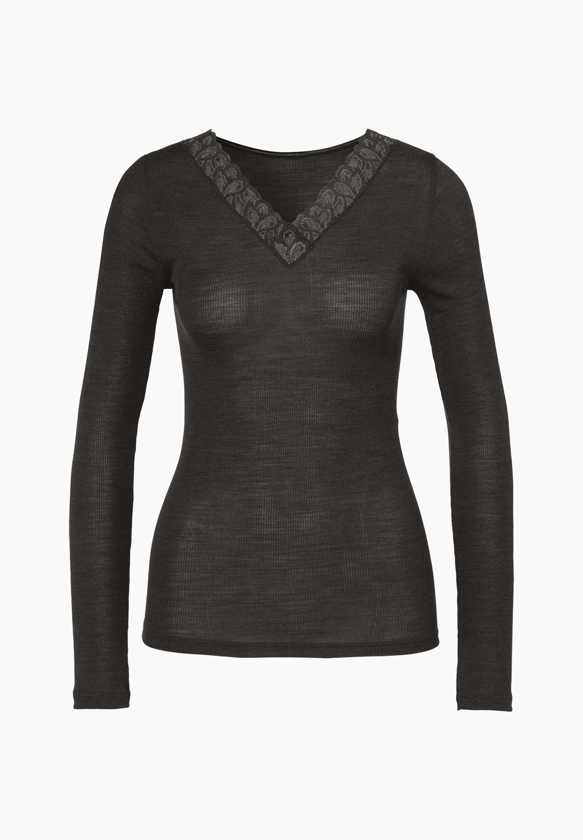 Wool &amp; Silk | T-Shirt Long Sleeve V-Neck - black olive